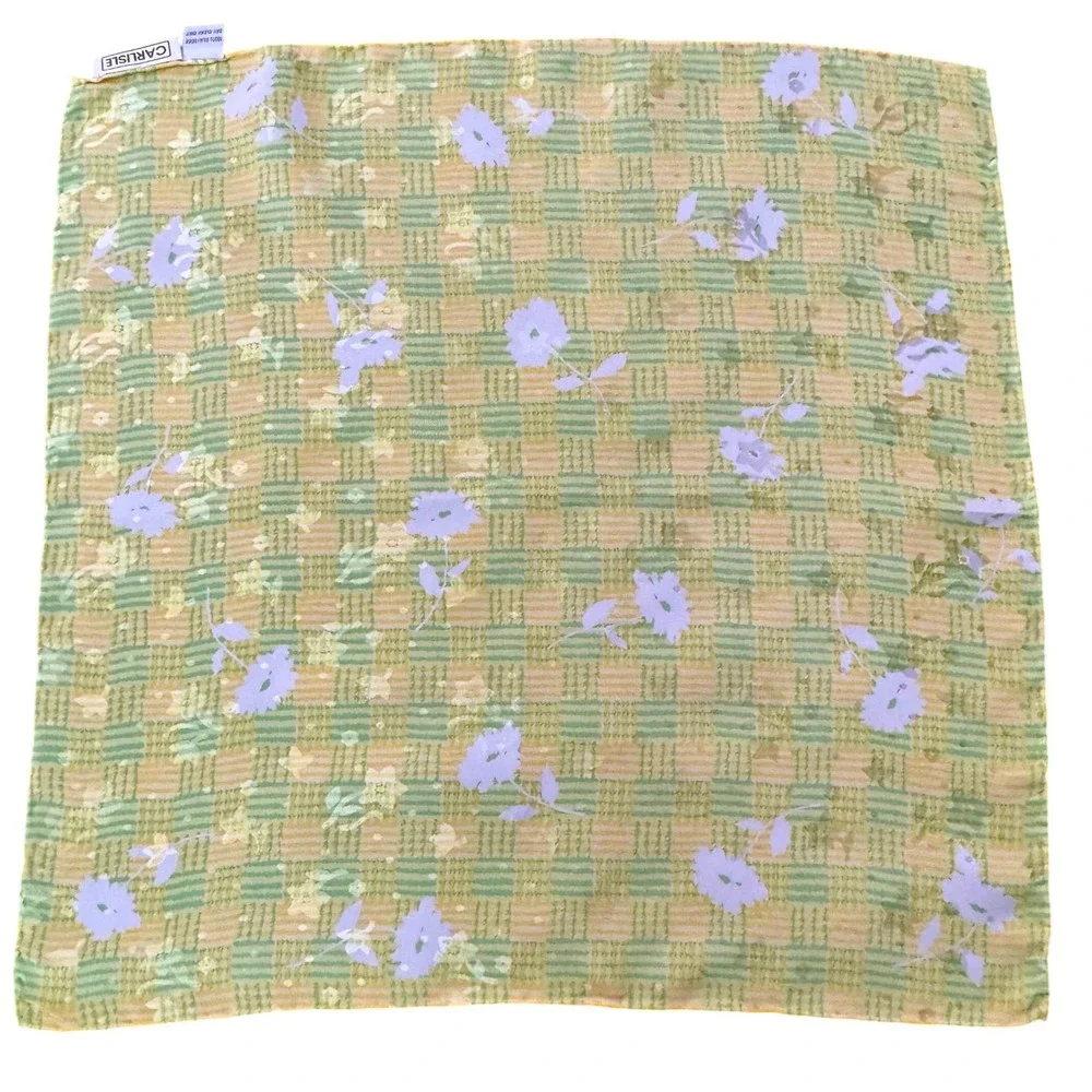 Carlisle Silk Scarf Yellow/Green Plaid White Flowers‎ 20